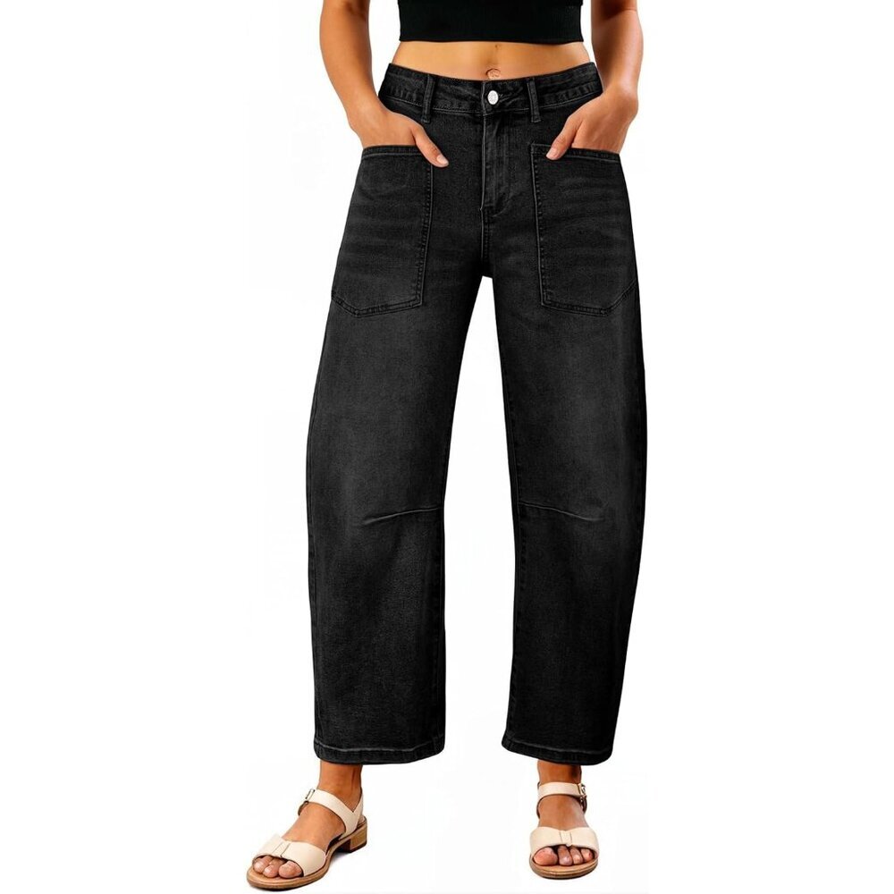 Womens Baggy Wide Leg High Waisted Jeans Cotton Blend Ankle Pants